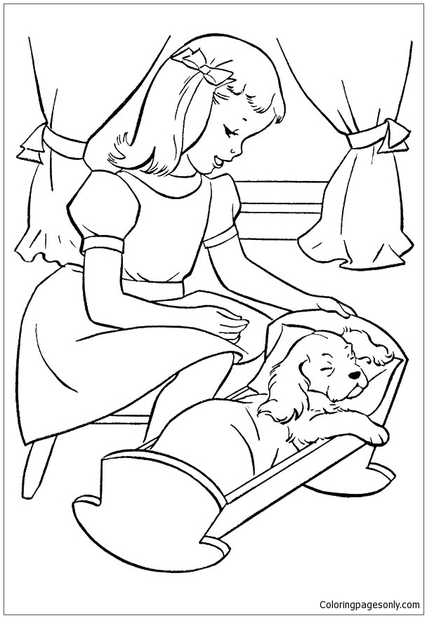 The Girl Putting Puppy To Sleep Coloring Pages - Puppy Coloring Pages