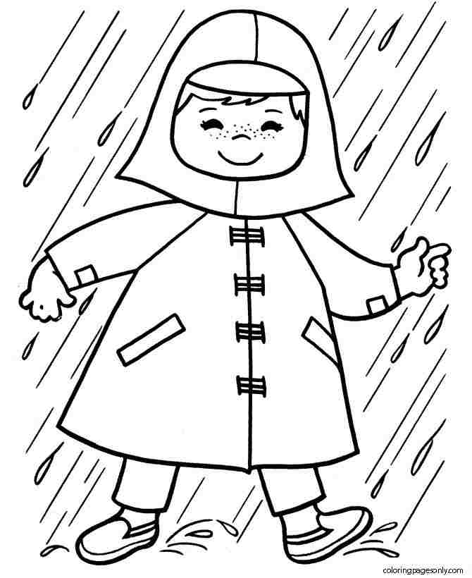 The kid gets raincoat in the rain Coloring Pages