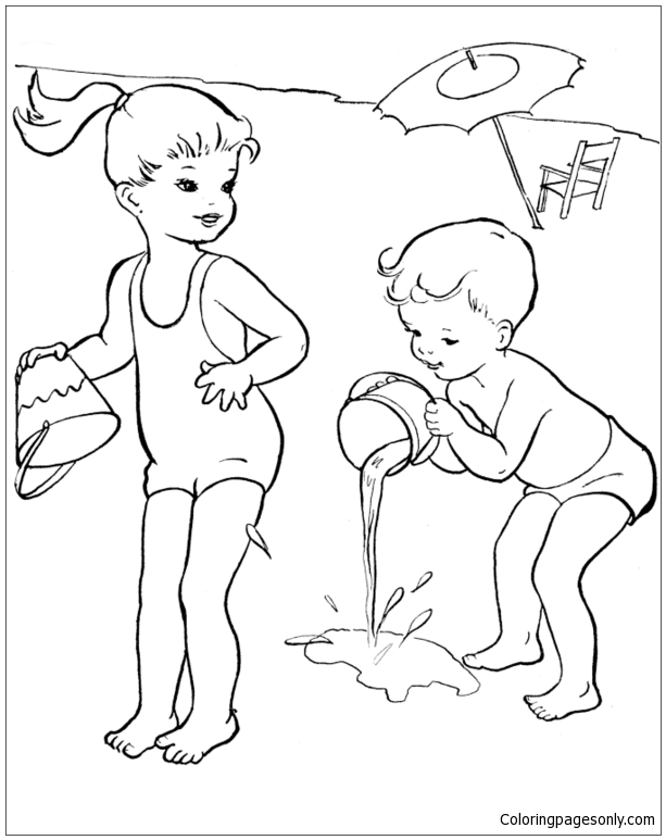 The Kids Happy Playing At Beach Summer Coloring Pages