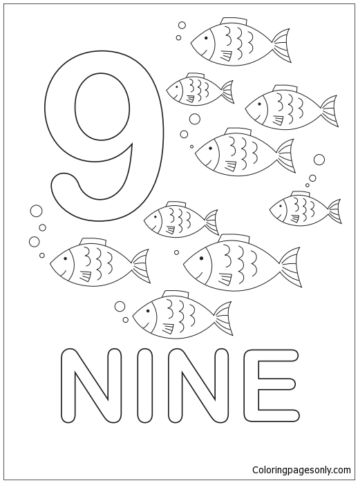 La pagina da colorare dei nove pesci