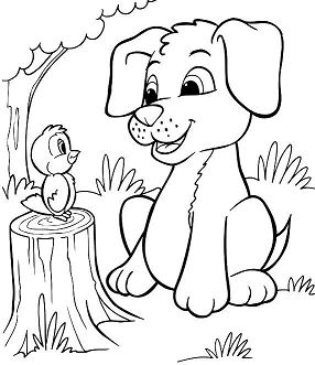 The Pup And Bird Puppy Coloring Page