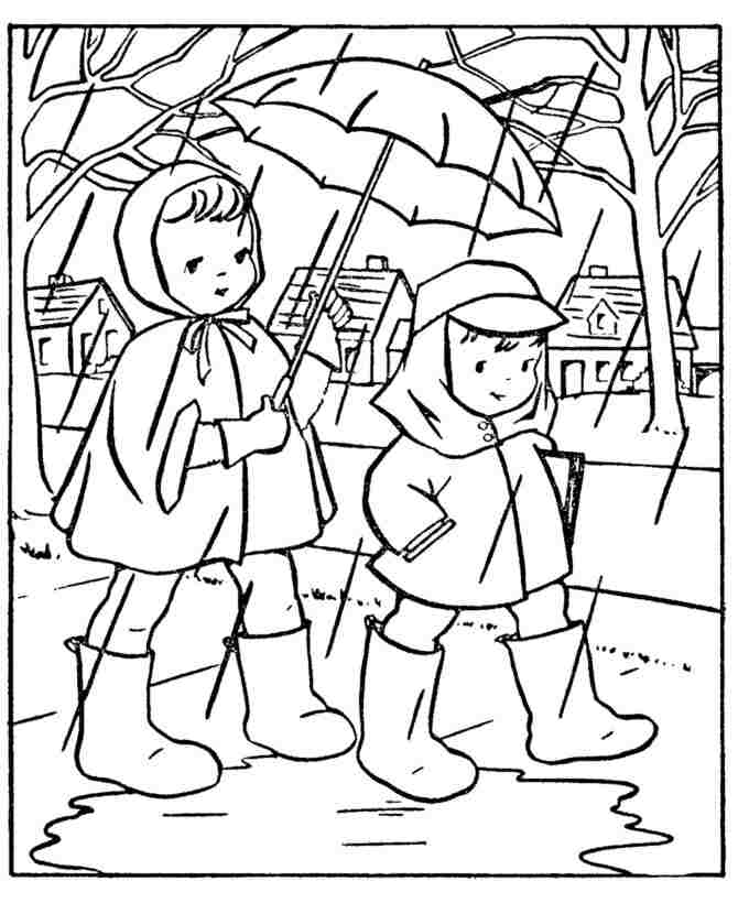 Os alunos vão para a escola na chuva Desenho para colorir