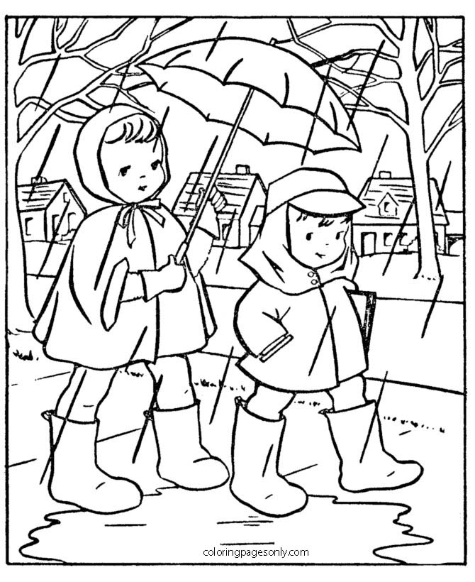 The pupils go to school in the rain Coloring Page