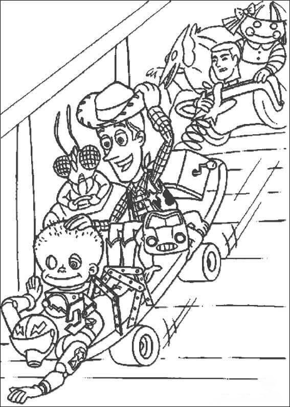 The toys are going down stair Coloring Page