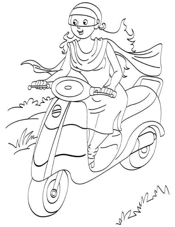 The woman drives a morotorbike Coloring Page