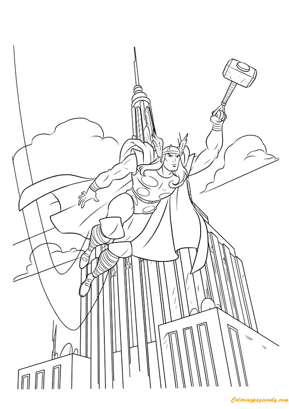 Thor Flying In The Sky Coloring Pages