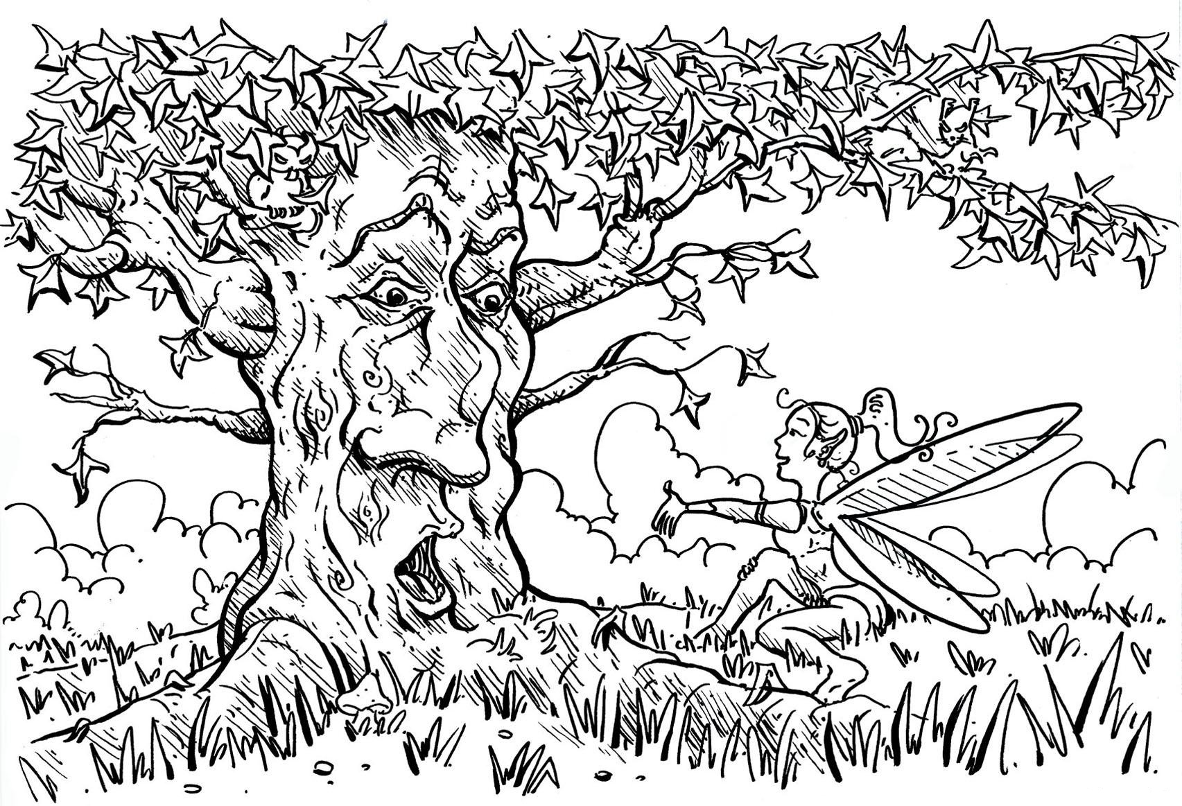 Tree and Fairy Coloring Pages
