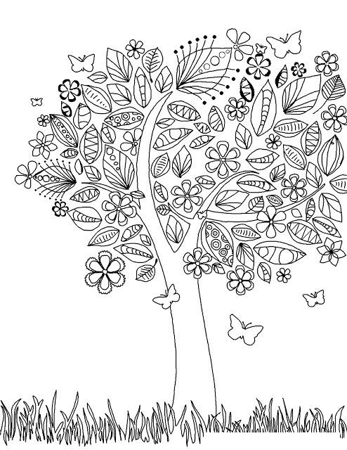 Tree With Flowers And Leaves Coloring Page