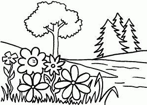 Trees And Flowers Coloring Page