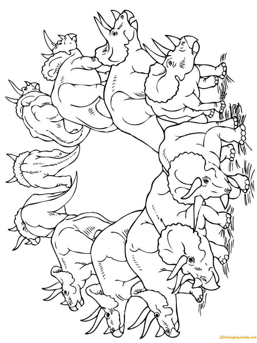 Triceratops Herd Dinosaurs Coloring Pages