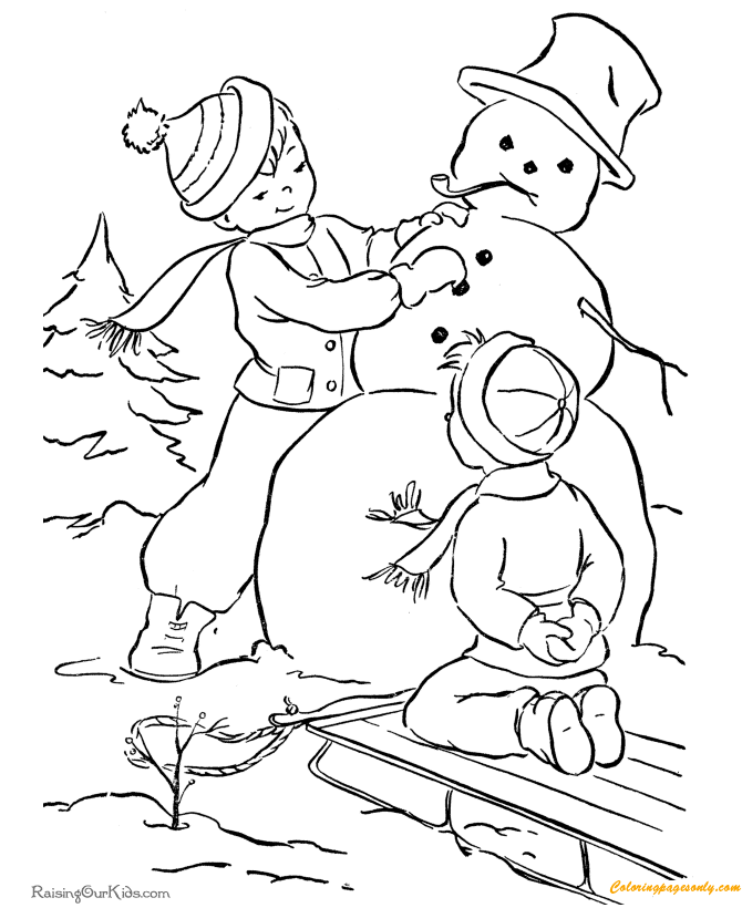 Twee jongens maken een sneeuwpop uit Sneeuwman