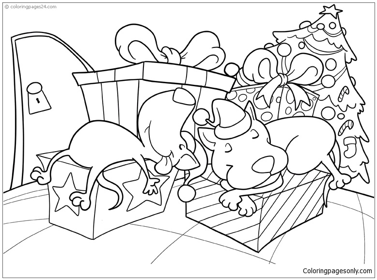 Two Dogs Sleeps On Christmas Morning Coloring Pages