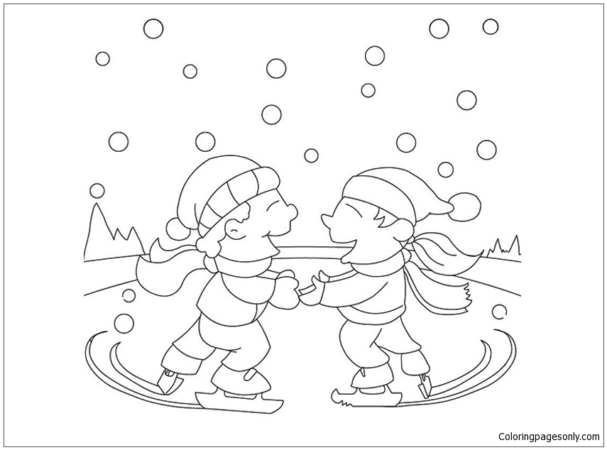 Dois amigos patinando no gelo do inverno de 2024
