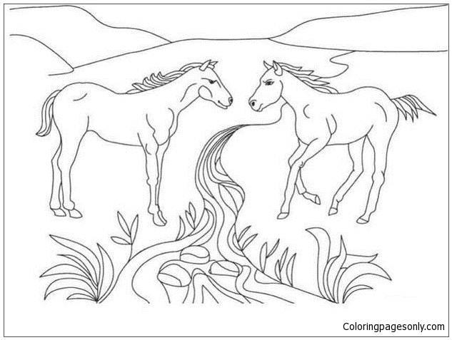 Two Horses Cute Coloring Page