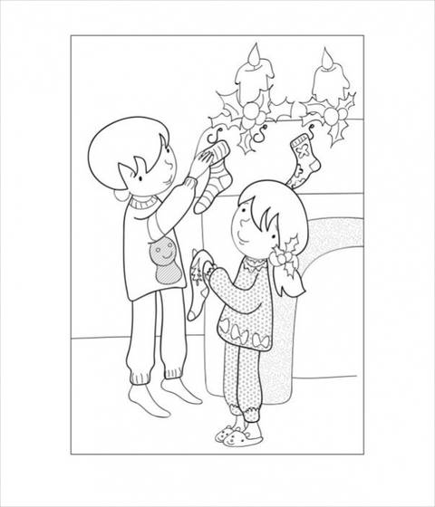 Two Kids Hanging Up Stockings Coloring Page