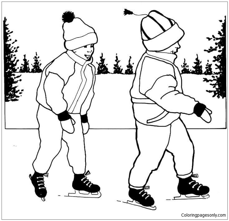 Duas crianças aprendem a patinar página para colorir