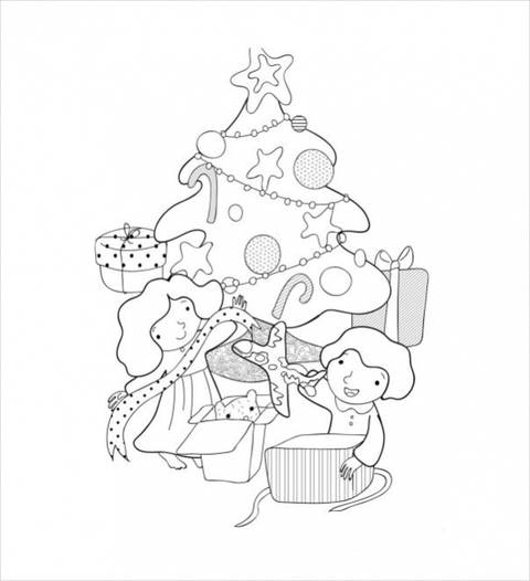 Two Kids Opening Christmas Presents Coloring Page