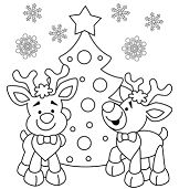 Two Reindeer Next To The Christmas Tree Coloring Pages