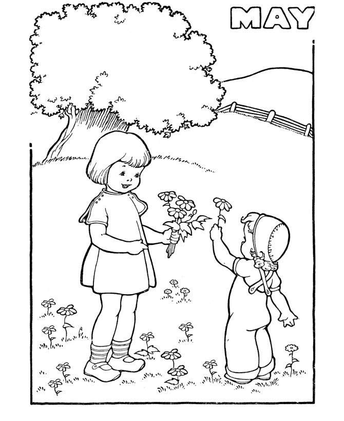 Two Sisters Pick Flowers in May Coloring Pages