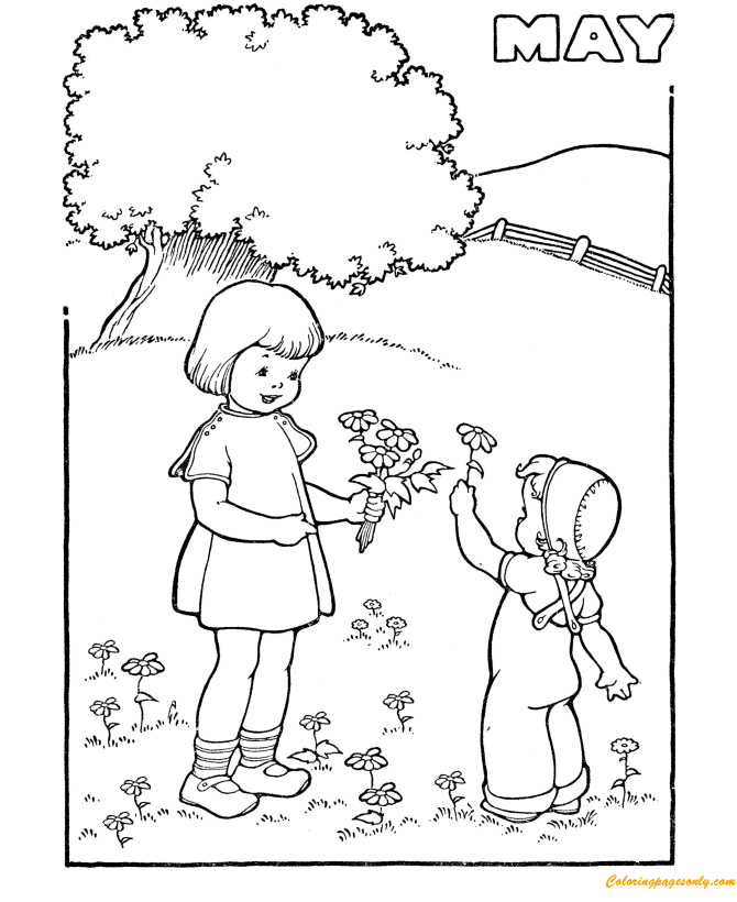 Two Sisters Pick Flowers In May Coloring Pages