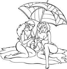 Twee vrouwen op het strand onder een paraplu Kleurplaat