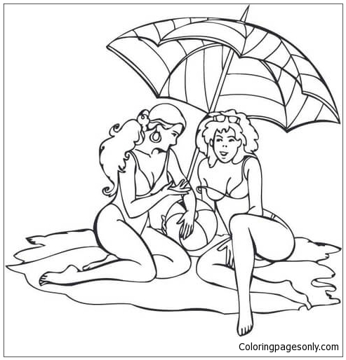Two Women at the Beach Under an Umbrella Coloring Page - Free Coloring