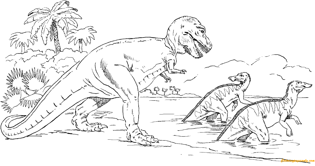 Tiranosaurio persiguiendo tracodones de Hadrosaurus