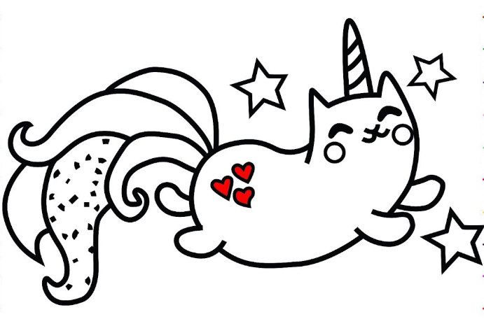 Unicorn cat with hearts Coloring Pages - Unicorn Coloring Pages