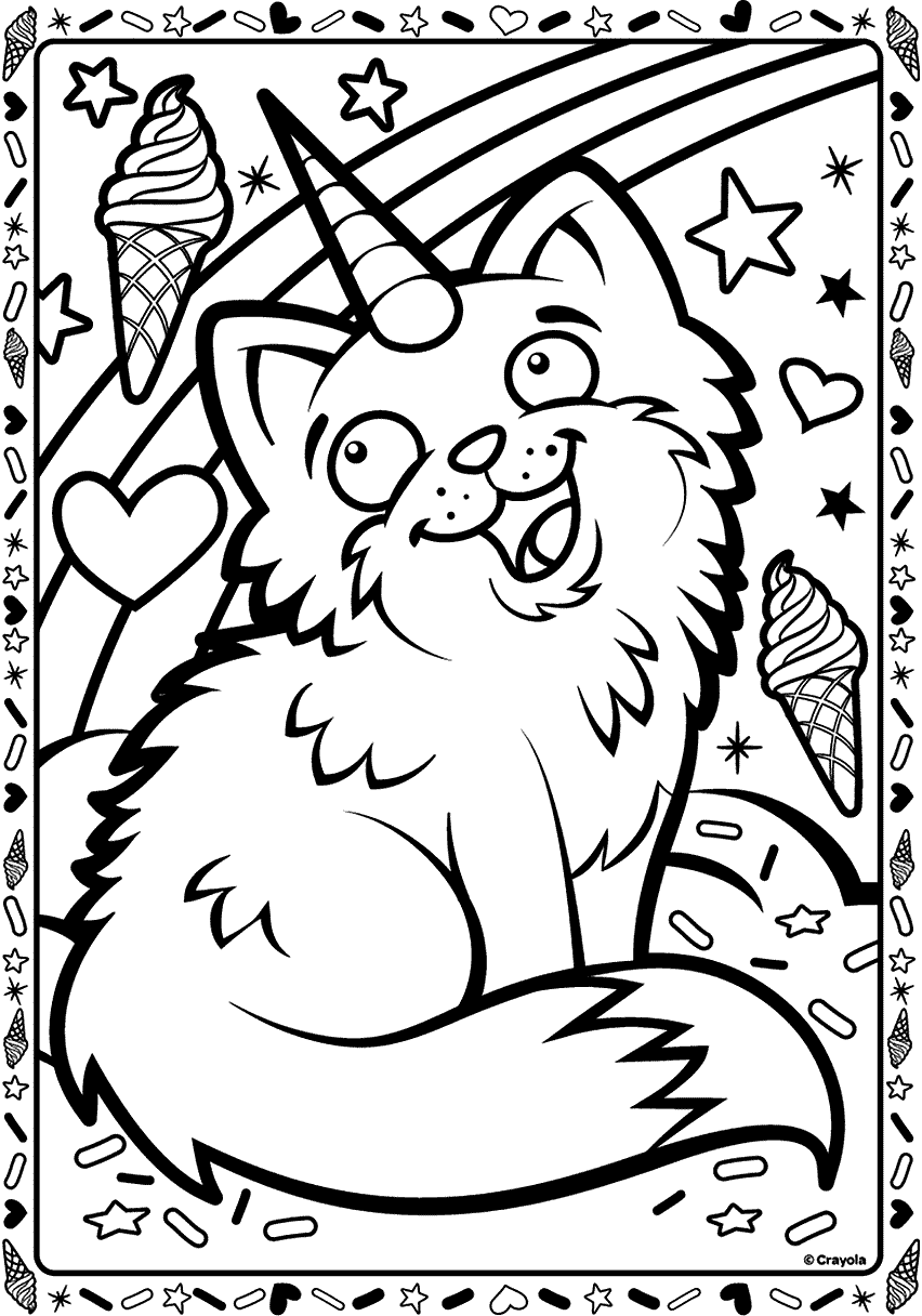 Desenho de Gato unicórnio com moldura de sorvete para colorir