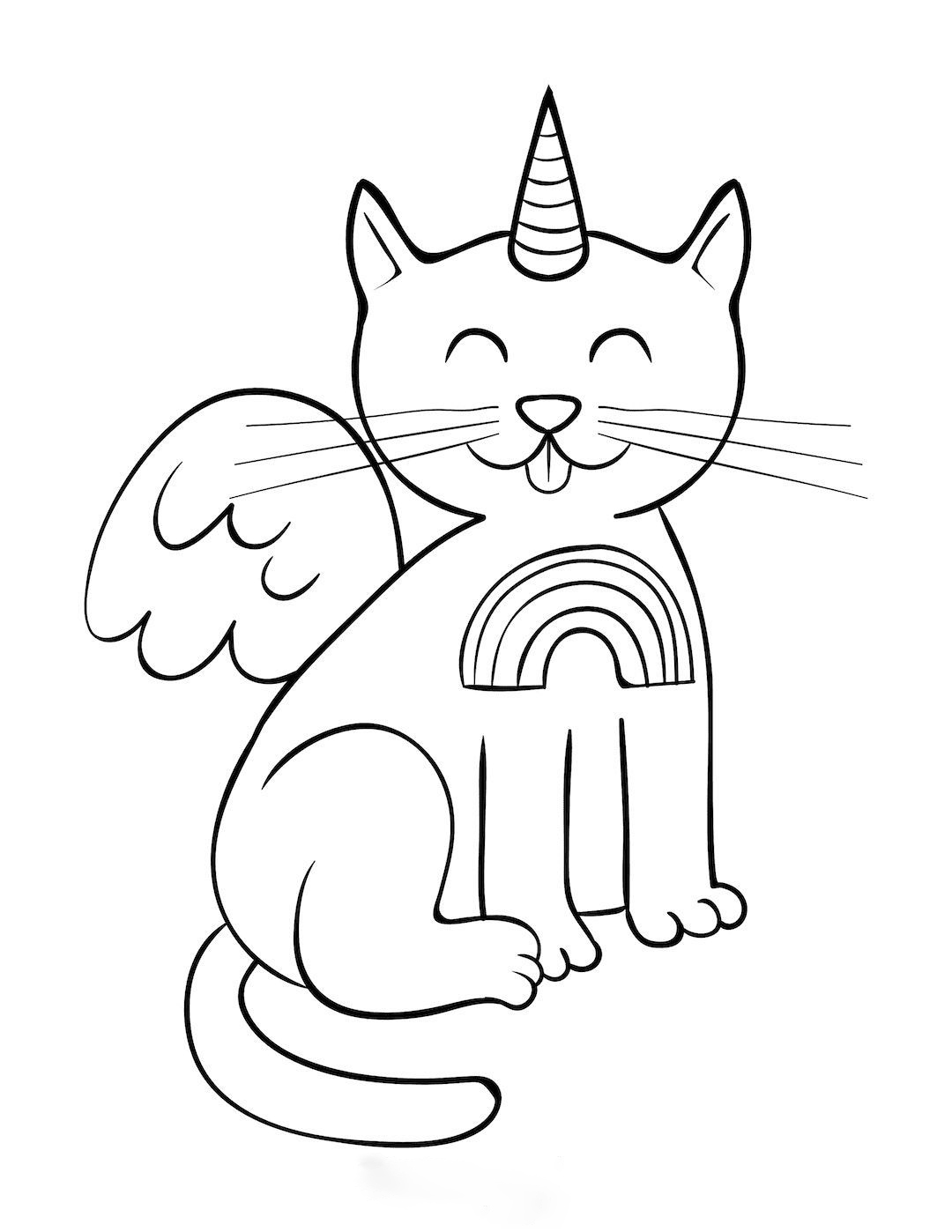 Desenho de gato unicórnio com asas para colorir