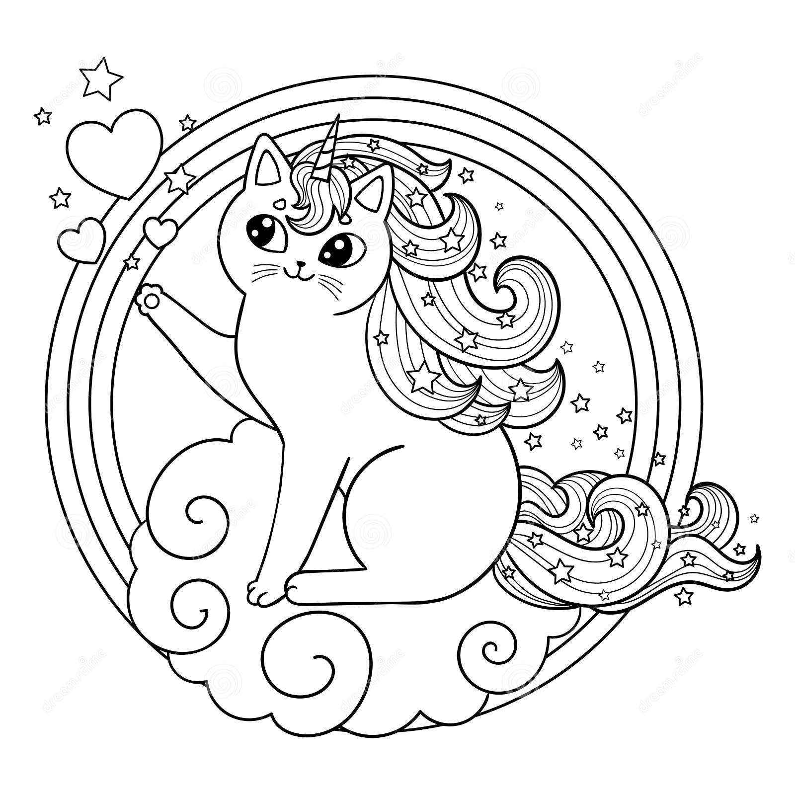 Unicornio Gatito nube marco Páginas para colorear