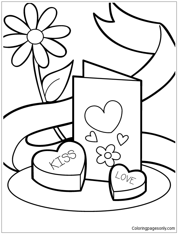 Valentines Card And Chocolates Coloring Pages
