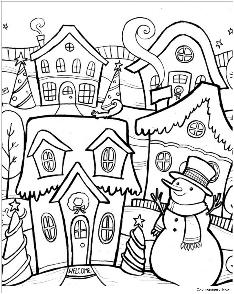 Village In Winter Coloring Page Free Coloring Pages Online