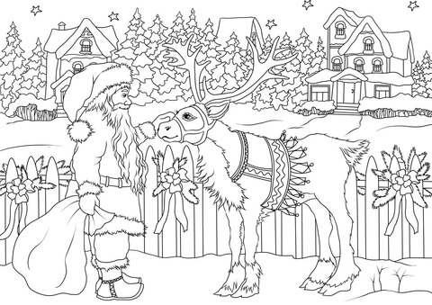 Vintage Santa Claus with His Christmas Deer Coloring Pages