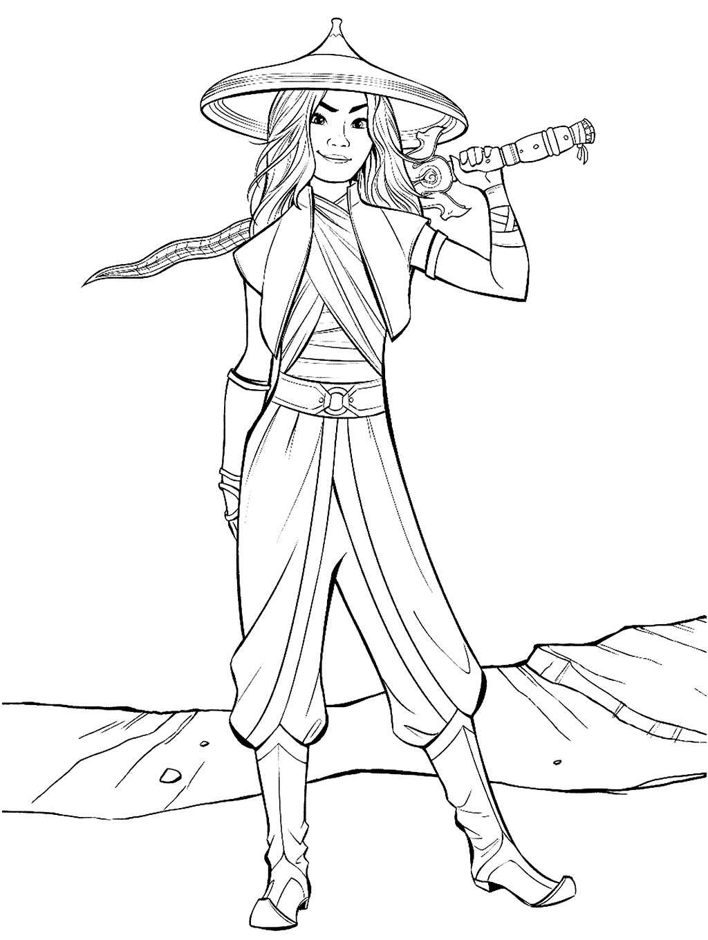 Warrior Raya holds her sword Coloring Page