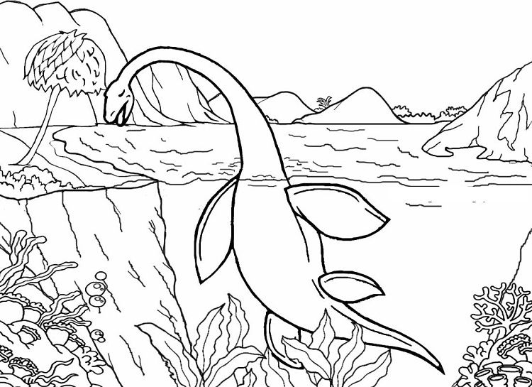 Water Plesiosaurus Dinosaur near the mountain Coloring Page