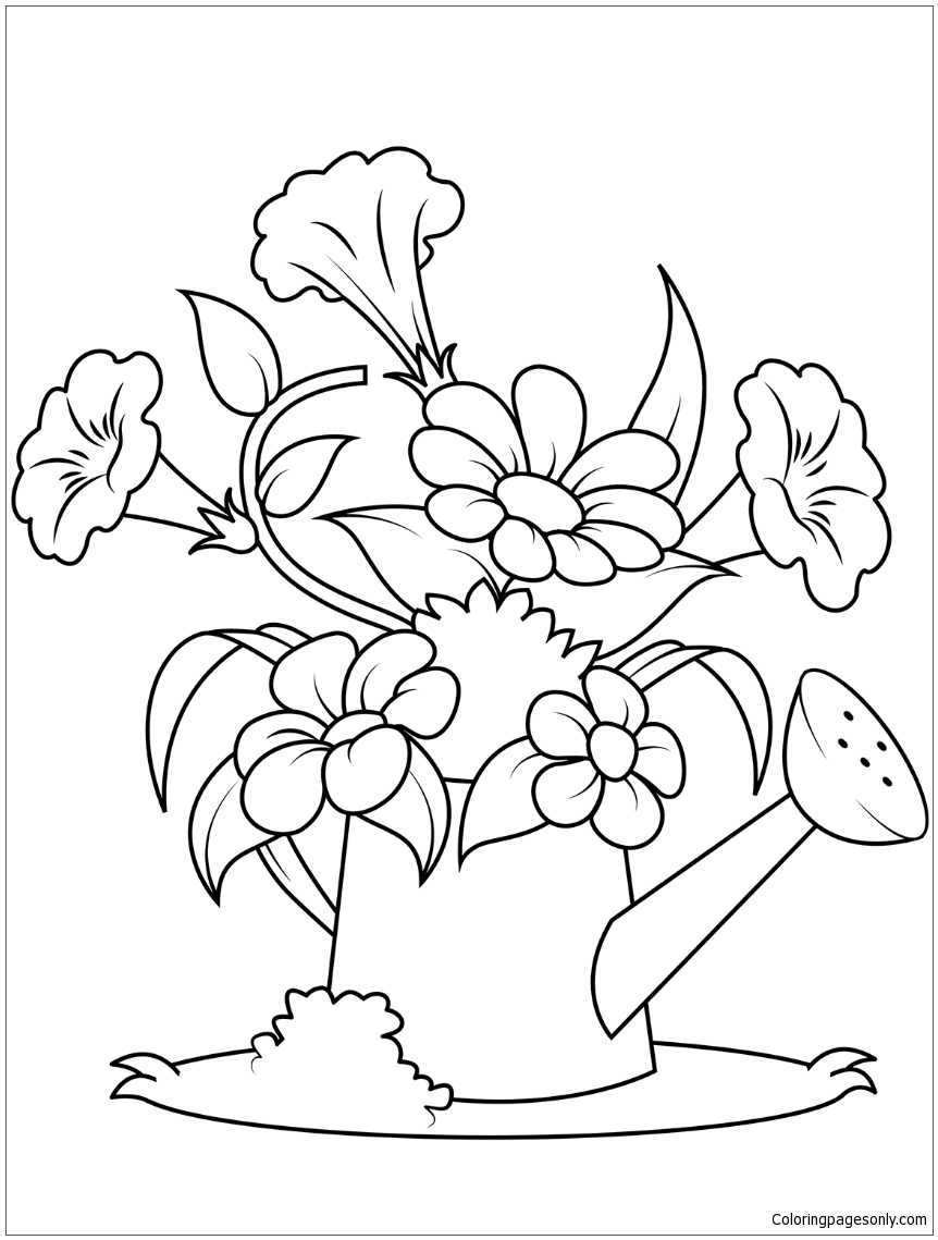 Desenho de Regador com flores para colorir