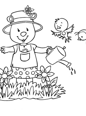 Watering Flowers Spring Coloring Page