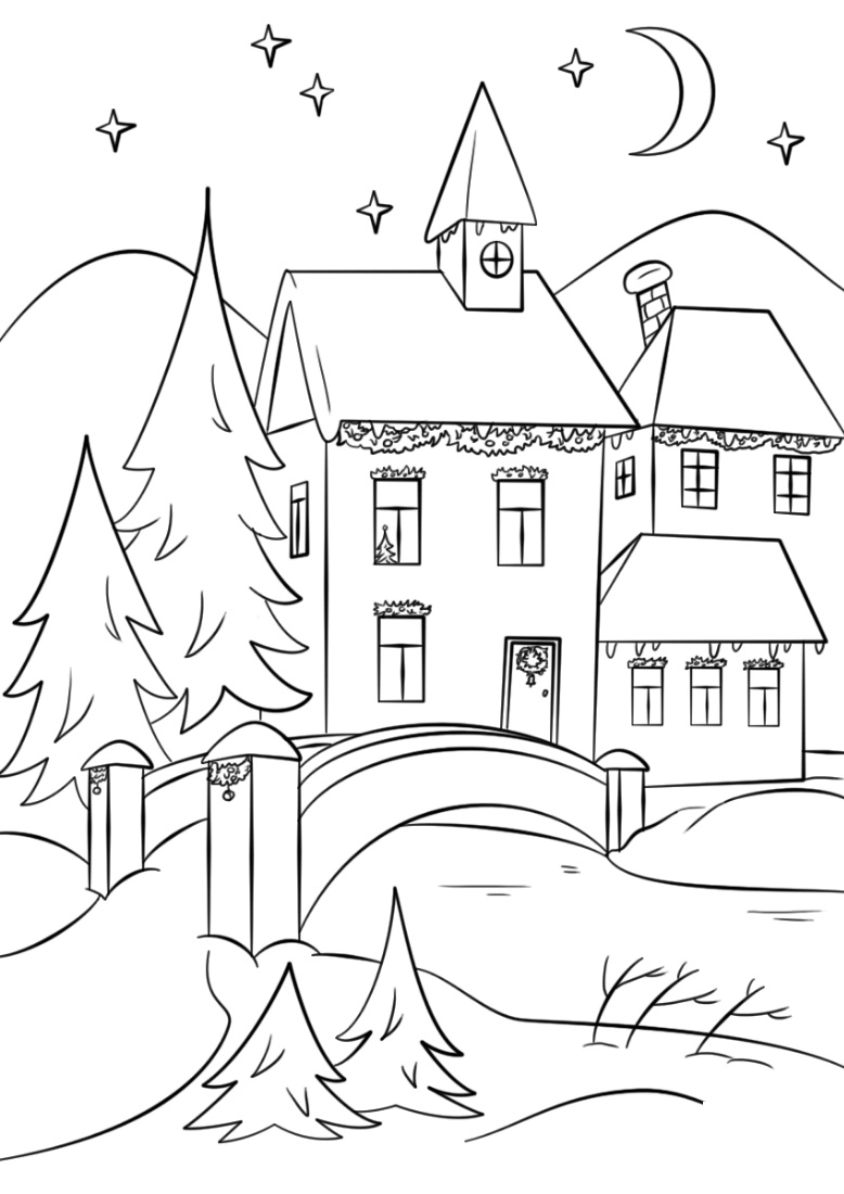 Pagina da colorare di benvenuto al villaggio d'inverno