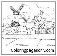 比利时诺克的风车 作者：卡米尔·毕沙罗，选自名画