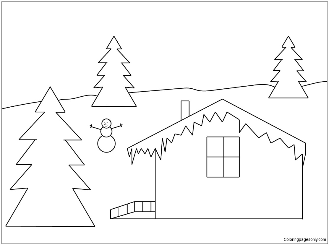 Winter House Coloring Page