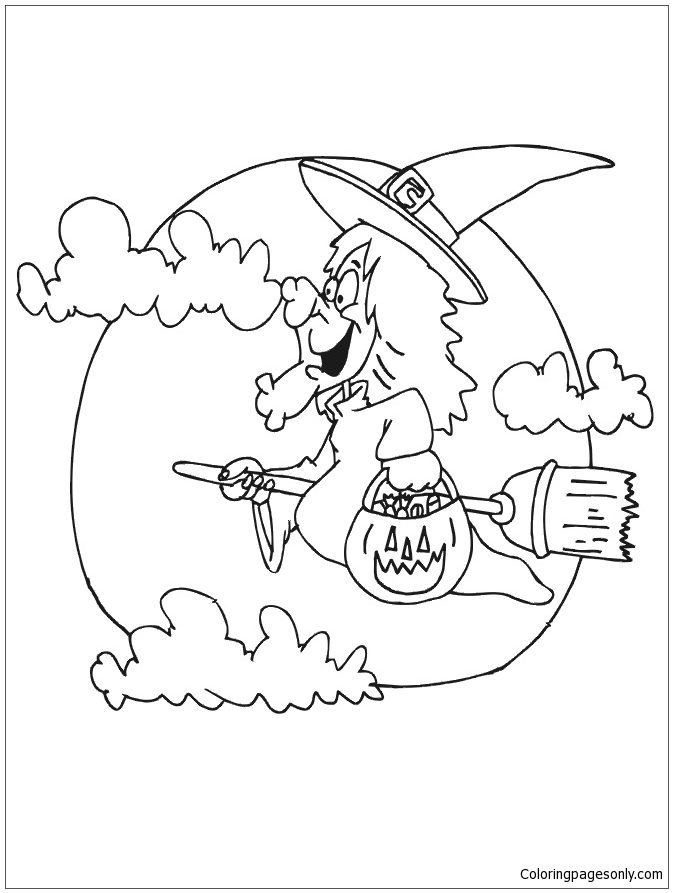 Sorcière volant sur un balai près de la lune de Halloween Witch