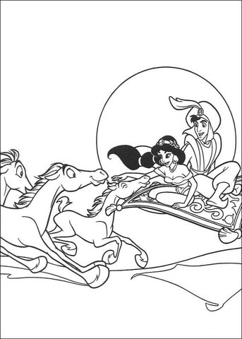 Horses run after Aladdin and Jasmine from Aladdin Coloring Page