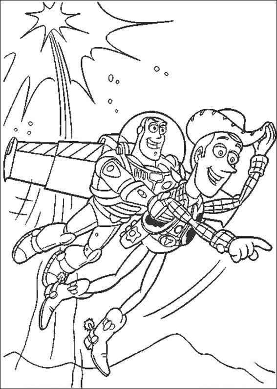 Woody en Buzz vliegen vanuit Toy Story