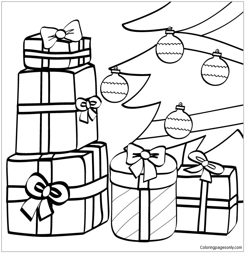 Ingepakte cadeaus en kerstboom van kerstcadeaus