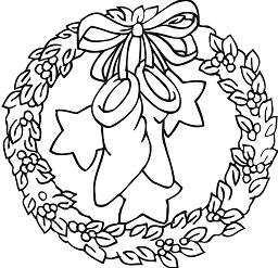 Wreath with Bow Holding Stockings and Stars Coloring Page