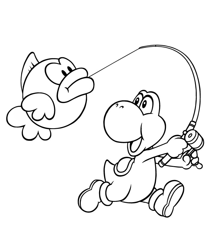 Yoshi catches cheep cheep fish Coloring Page