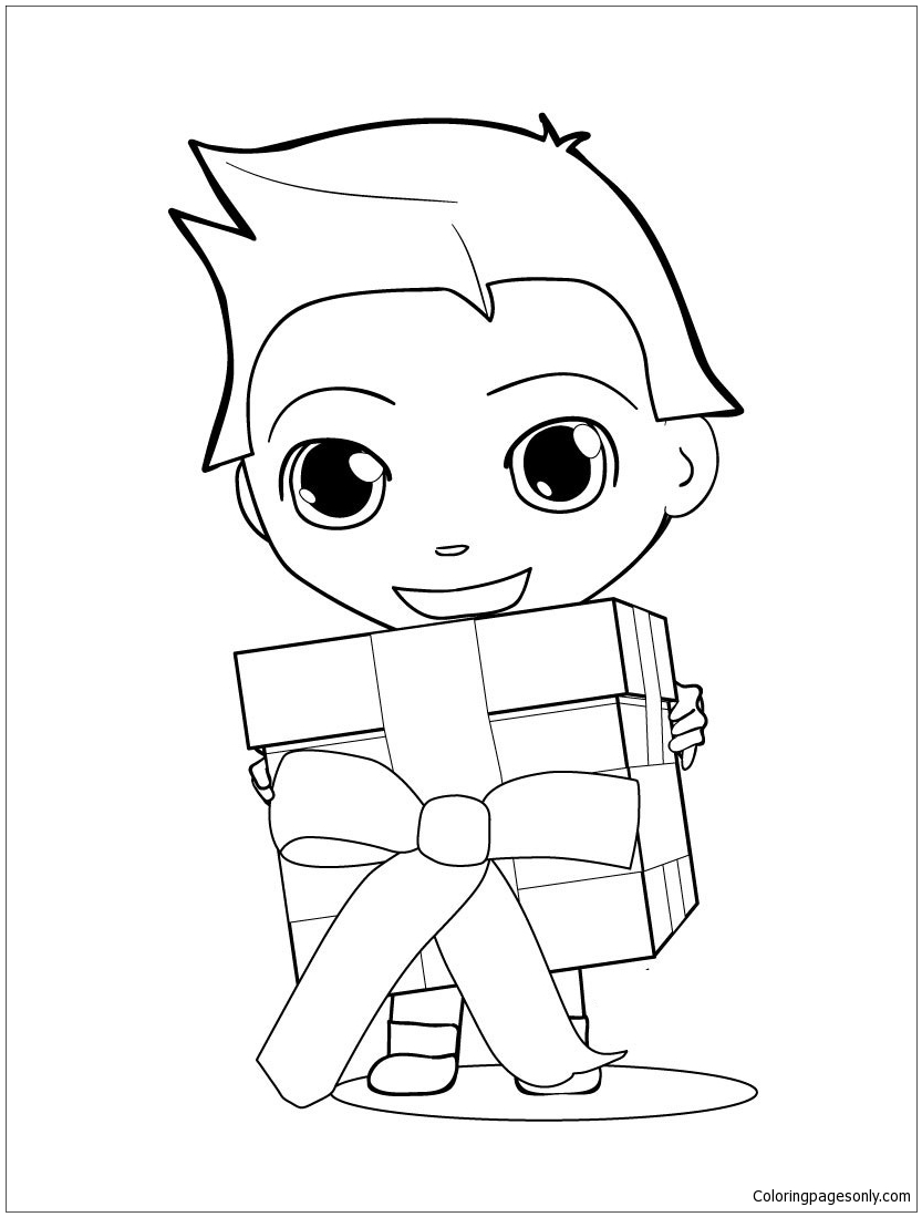 Young Boy With Christmas Present Coloring Pages