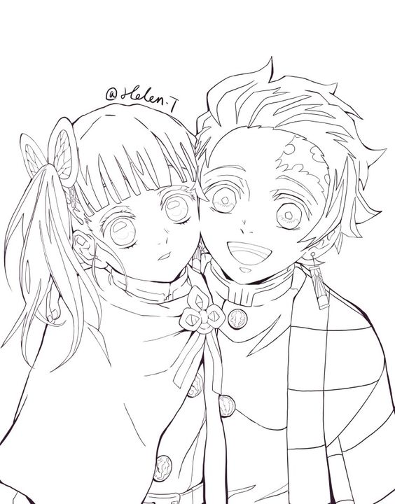 Desenho de Zenitsu Agatsuma e sua namorada para colorir