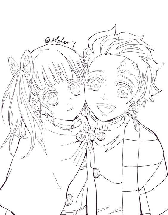 Zenitsu Agatsuma And His Girl Friend Coloring Pages - Demon Slayer